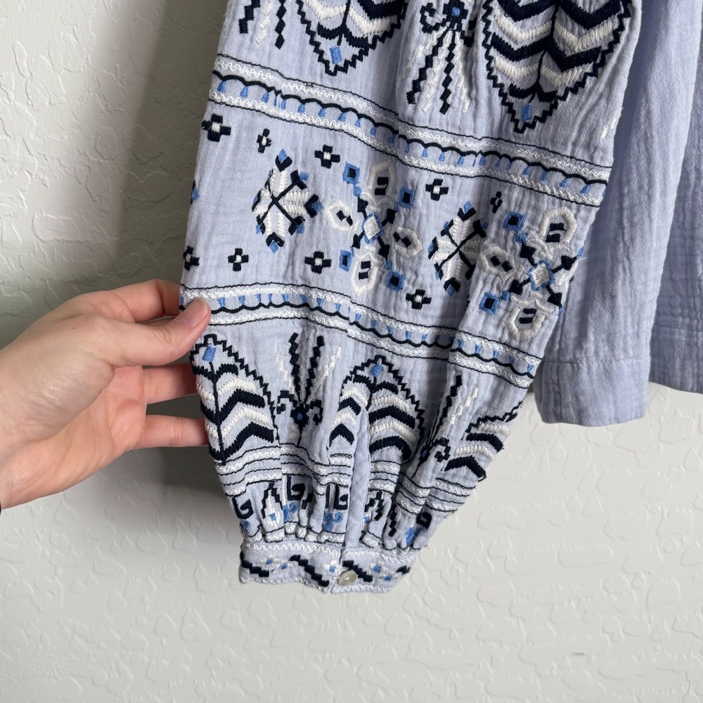 Sundance Blue Embroidered Cotton Gauze Peasant Blouse Balloon Sleeve PXS Boho - Picture 7 of 10